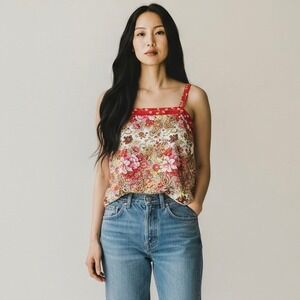 VTG‎ Y2K Old Navy Red Floral Paisley Camisole Silk Top Sz L Oriental Artsy